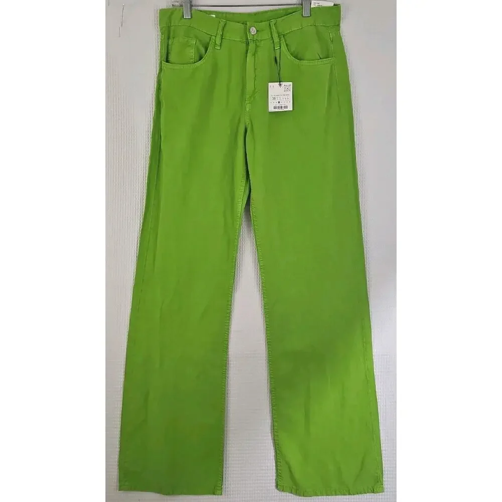 ZARA ~Woman Size 6(US)~ Apple Green Mid-Rise Linen Blend Wide Leg Pants NWT.